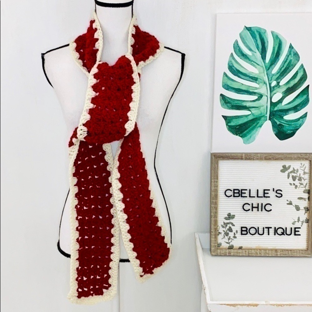 Handmade Red & White Crocheted Granny Afghan Scarf